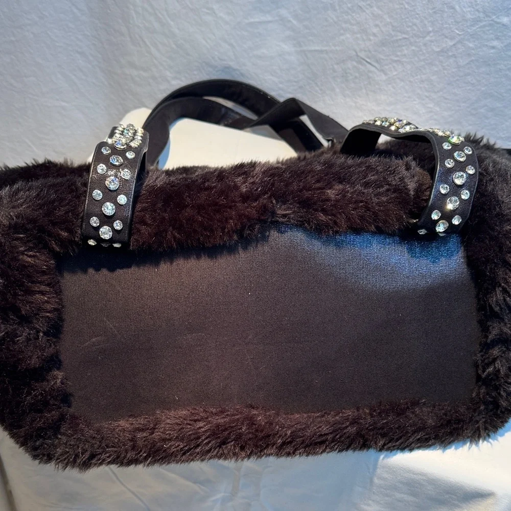 Black Faux Fur Tote Bag with Studded Straps
